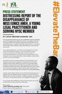 Lateef Omoyemi Akangbe, SAN Raises Alarm Over Disappearance of Young Lawyer, Urges Security Agencies to Intensify Search