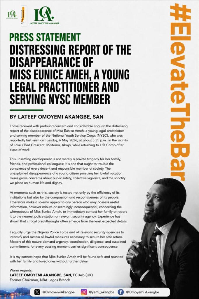 Lateef Omoyemi Akangbe, SAN Raises Alarm Over Disappearance of Young Lawyer, Urges Security Agencies to Intensify Search