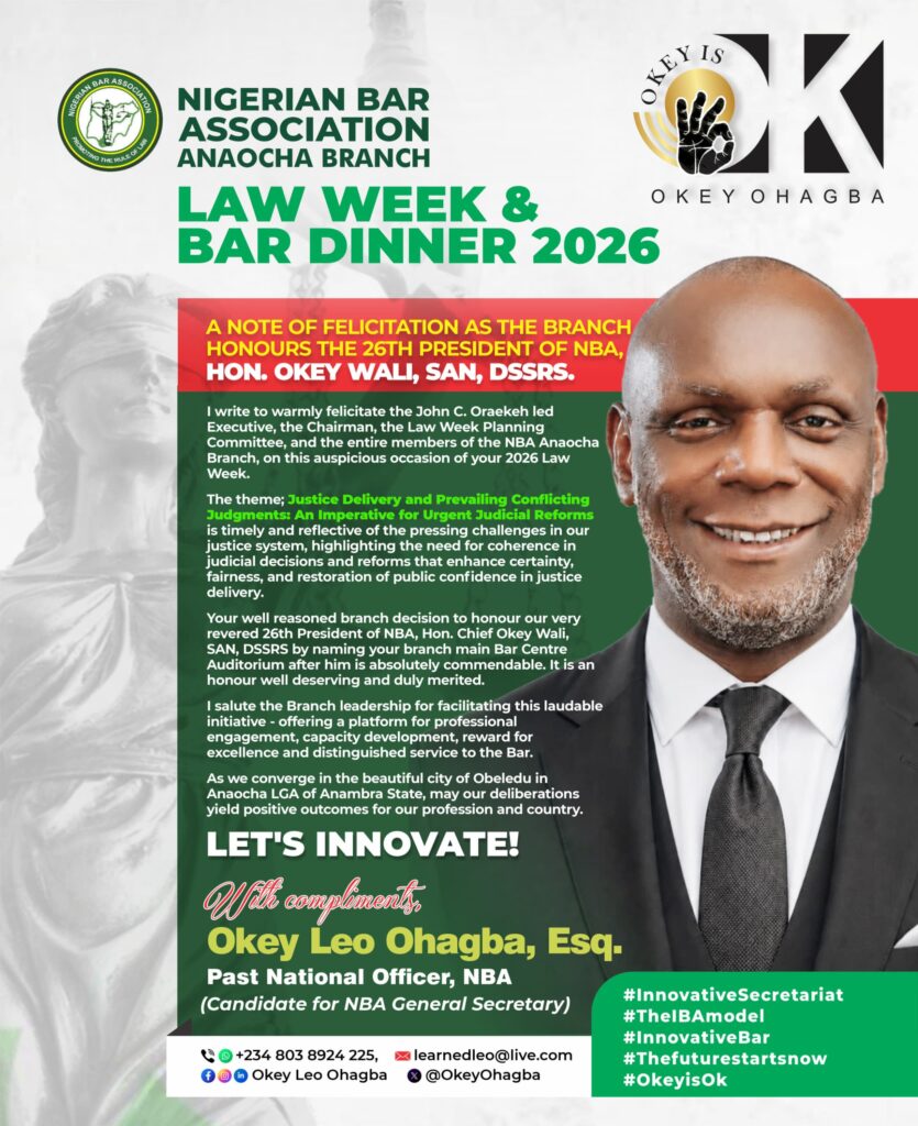 NBA Anaocha Branch Honours Okey Wali SAN as Okey Ohagba, Esq Applauds Judicial Reform-Focused Law Week 2026