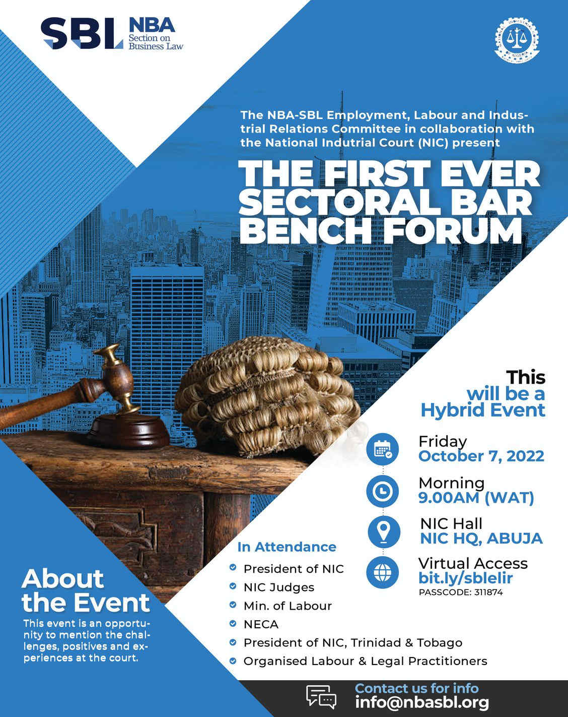 NBA-SBL TO HOLD FIRST EVER SECTORAL BAR-BENCH FORUM ON LABOUR ISSUES